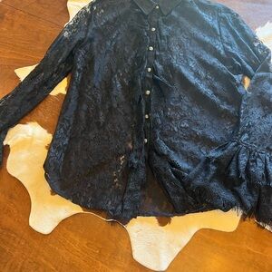 Elegant Black Lace Women's Top with Silver and Turquoise Buttons